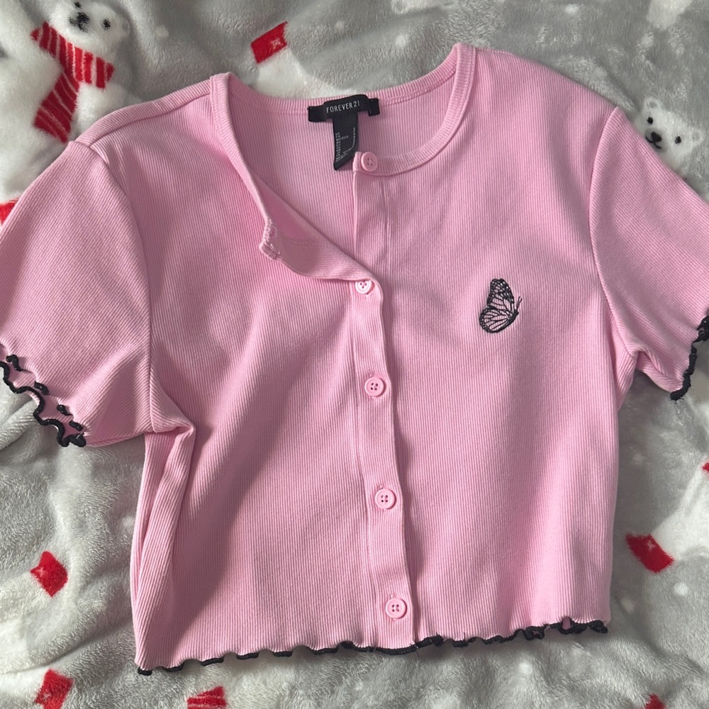 Forever 21 Kids Pink Button Down Shirt with Butterfly